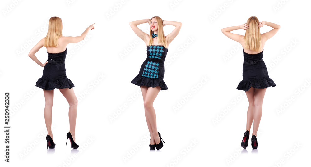 Sexy blonde girl presses virtual button isolated on white
