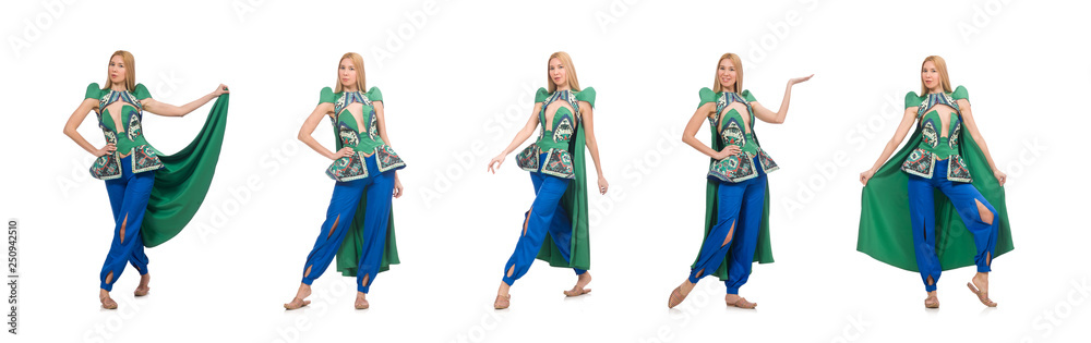 Woman in oriental green clothing isolated on white Woman in oriental green clothing isolated on white