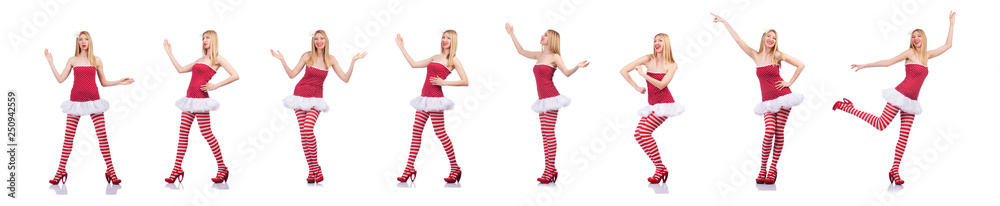 Woman in red dress isolated on white