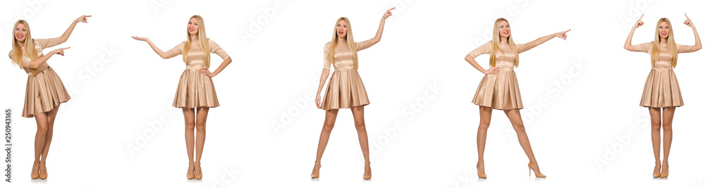 Beautiful woman in golden dress isolated on white Beautiful woman in golden dress isolated on white