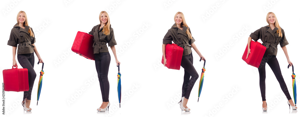 Young beautiful woman with suitcase and umbrella isolated on whi Young beautiful woman with suitcase and umbrella isolated on whi