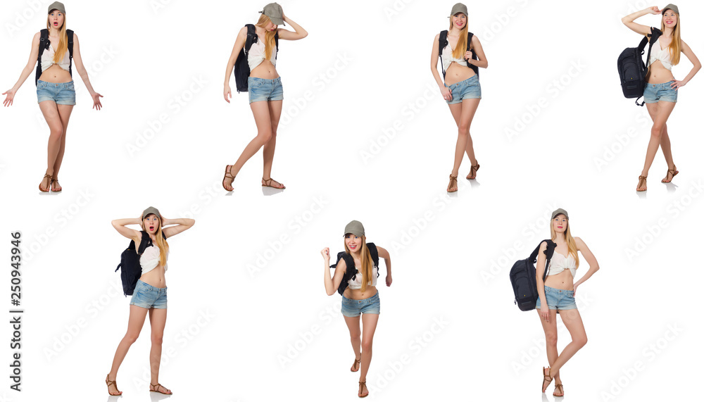 Fototapeta premium Beautiful woman in shorts with backpack 