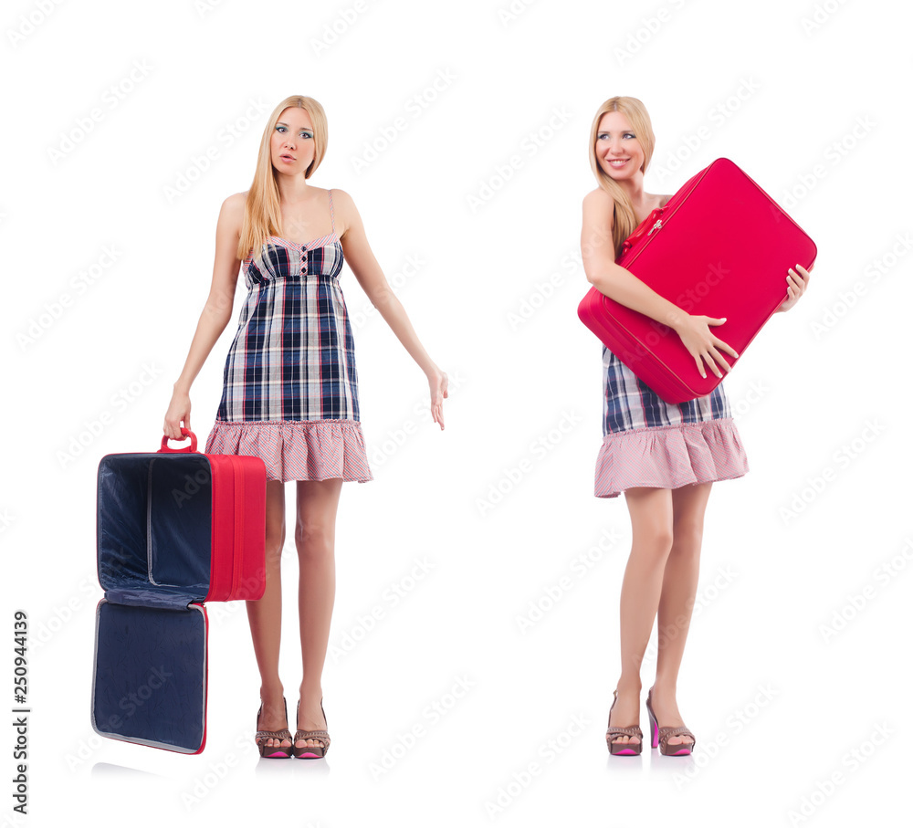 Beautiful woman with suitcase isolated on white Beautiful woman with suitcase isolated on white