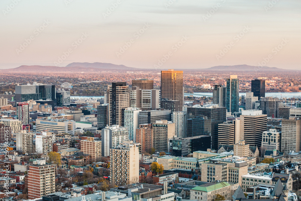 Montreal skyline, with the iconic buildings of the Downtown and the CBD business skyscrapers taken from the Mont Royal Hill. Montreal is the main city of Quebec, and the second city in Canada