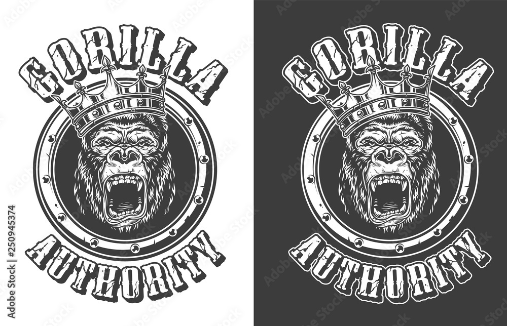 Fototapeta premium Vintage ferocious gorilla king round emblem