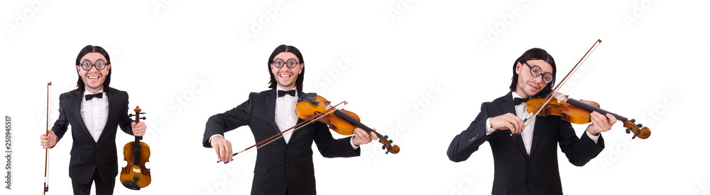 Funny man with music instrument on white Funny man with music instrument on white