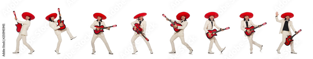 Funny mexican in suit holding guitar isolated on white Funny mexican in suit holding guitar isolated on white
