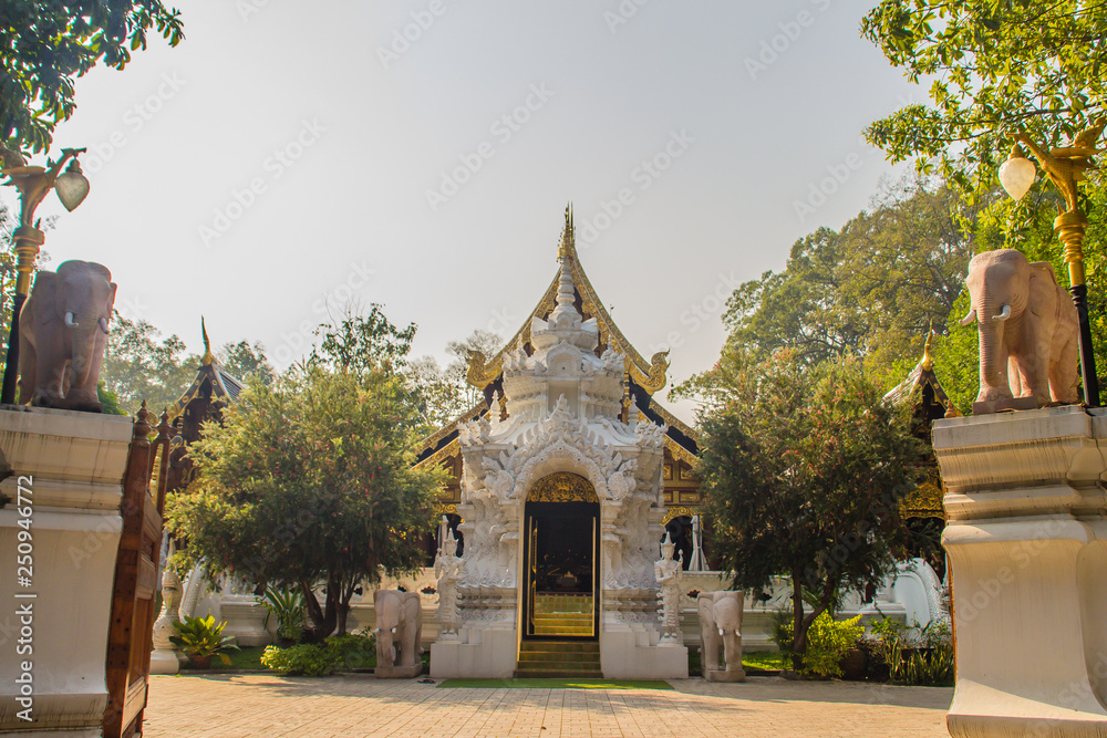 Beautiful Buddhist temple entrance gate to church at Wat Ram Poeng  (Tapotaram) temple, Chiang Mai, Thailand. Wat Rampoeng is one of the most  famous place for studying meditation in Chiang Mai. Stock