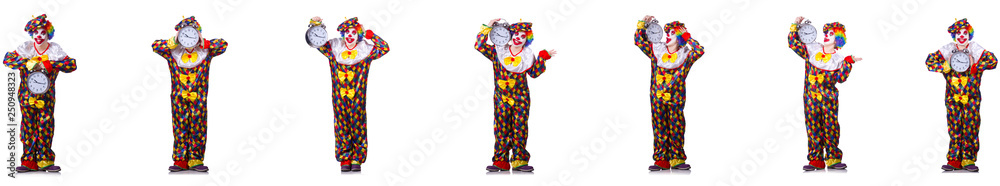 Funny male clown with alarm-clock 