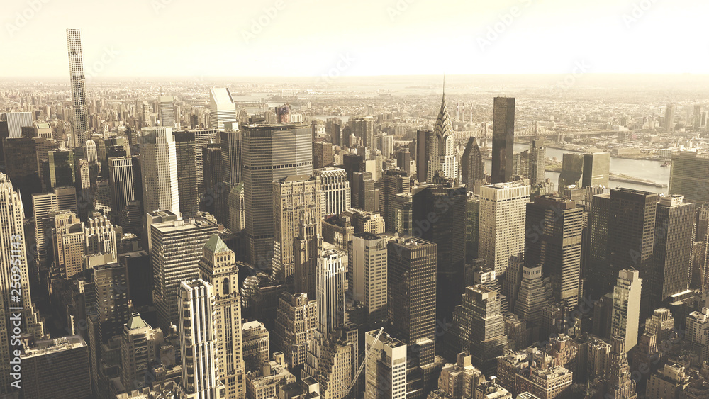 Aerial view of Manhattan skyline, urban skyscrapers, New York City ,black and white