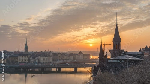 Stockholm Sweden time lapse 4K, city skyline sunrise timelapse at Gamla Stan and Slussen photo