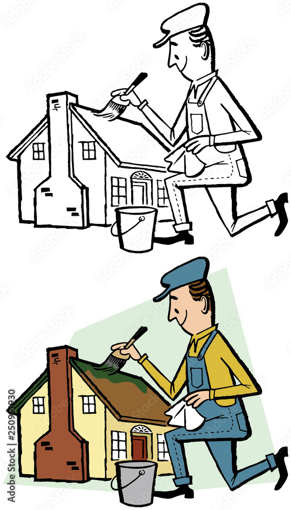 A man painting the roof of a house.