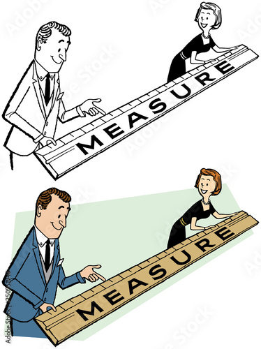 A couple measuring something with a giant ruler