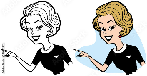 A smiling woman pointing at something interesting.