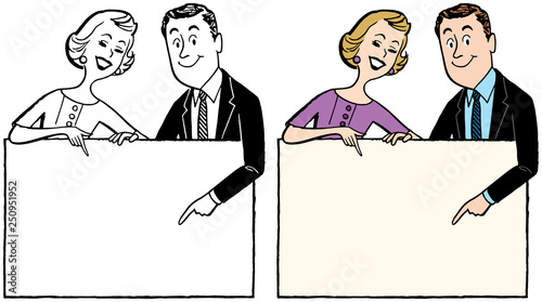 A couple pointing to a blank sign.