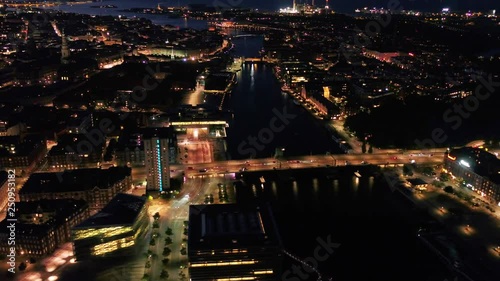 Aerial Denmark Copenhagen June 2018 Night 30mm 4K Inspire 2 Prores  Aerial video of downtown Copenhagen in Denmark at night. photo