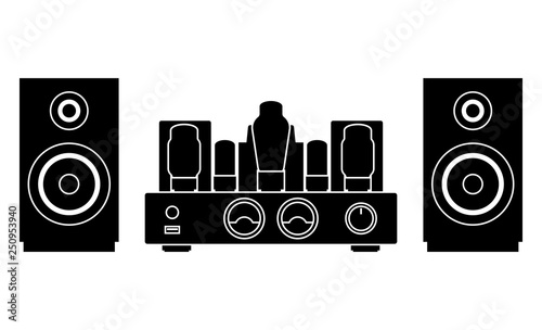 Tube amplifier and bookshelf speaker. Silhouette vector