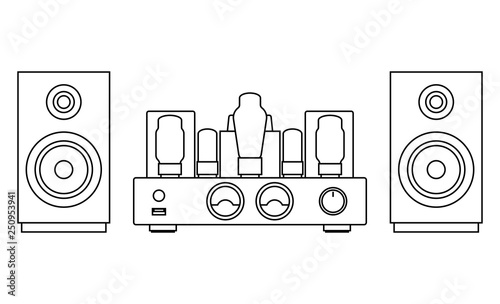 Tube amplifier and bookshelf speaker. Vector thin line