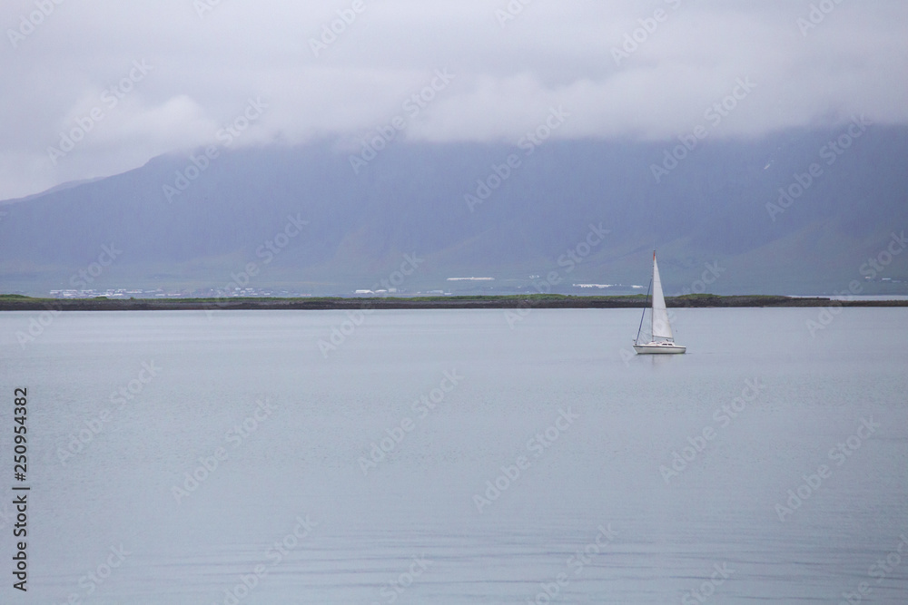 Beautiful view from Reykjavik on sea,boat sailing  and mountain.	