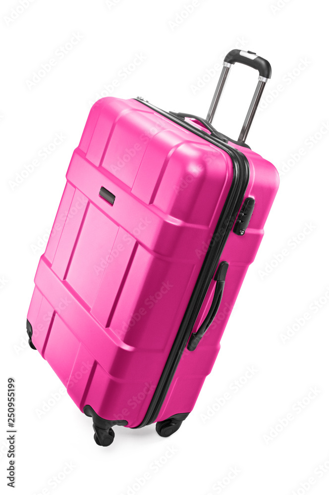 Big pink plastic luggage bag with wheels for travel Stock Photo | Adobe  Stock