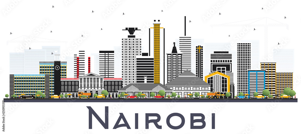 Nairobi Kenya City Skyline with Color Buildings Isolated on White.