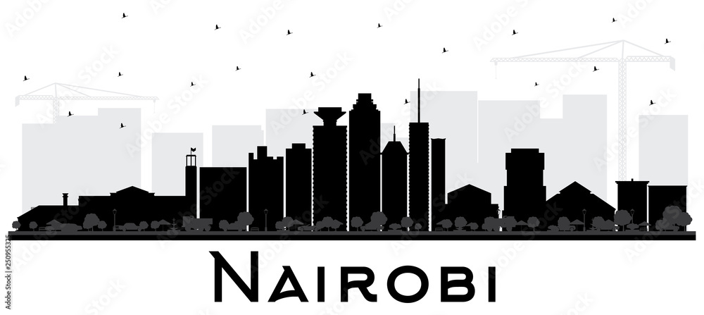 Nairobi Kenya City Skyline Silhouette with Black Buildings Isolated on White.