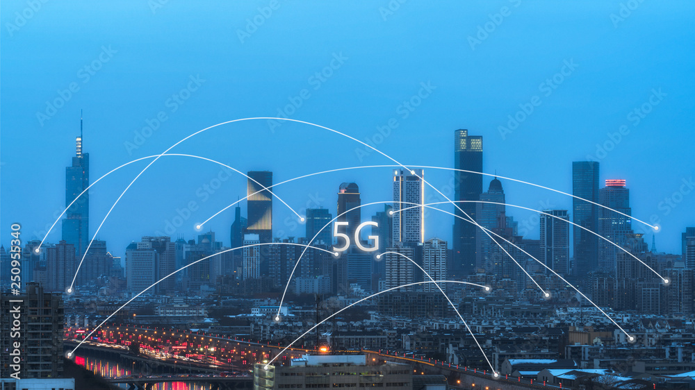 5G network wireless systems and internet of things with modern city skyline
