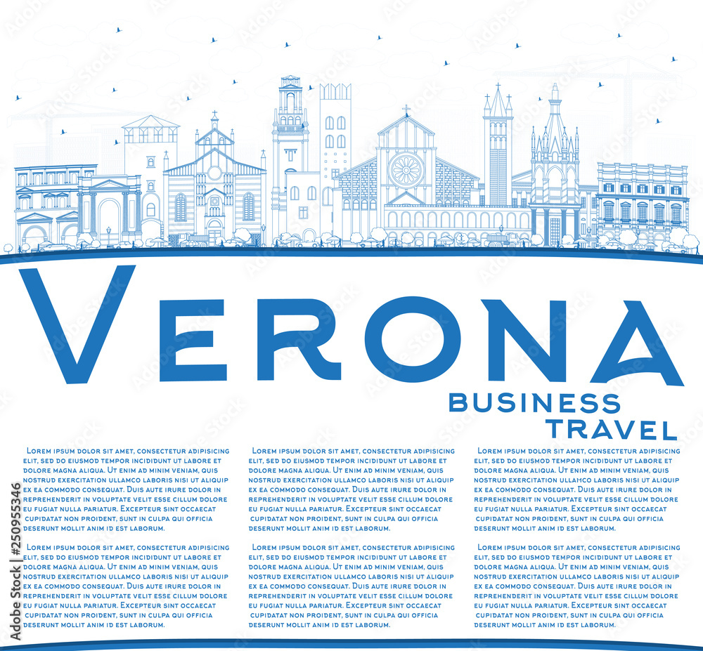 Outline Verona Italy City Skyline with Blue Buildings and Copy Space.
