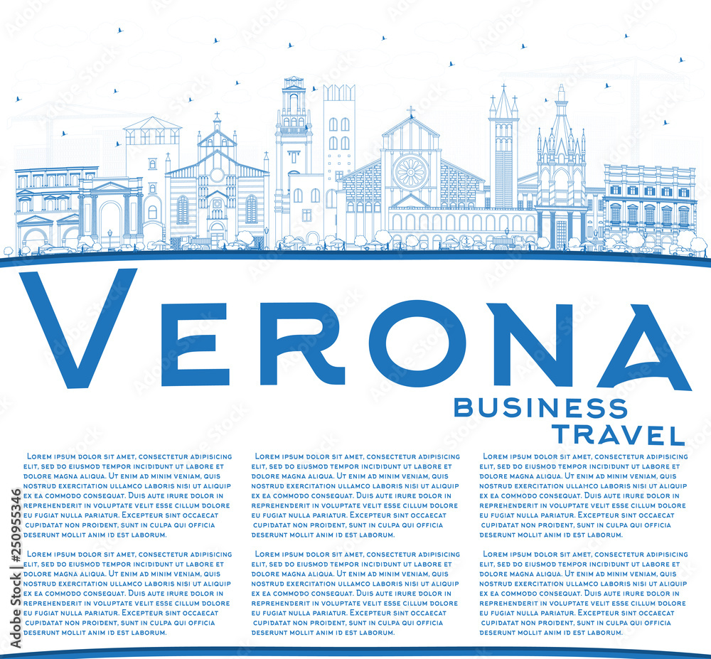 Outline Verona Italy City Skyline with Blue Buildings and Copy Space. Outline Verona Italy City Skyline with Blue Buildings and Copy Space.