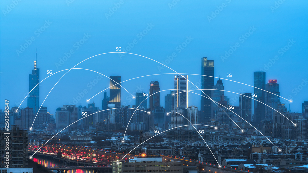 5G network wireless systems and internet of things with modern city skyline