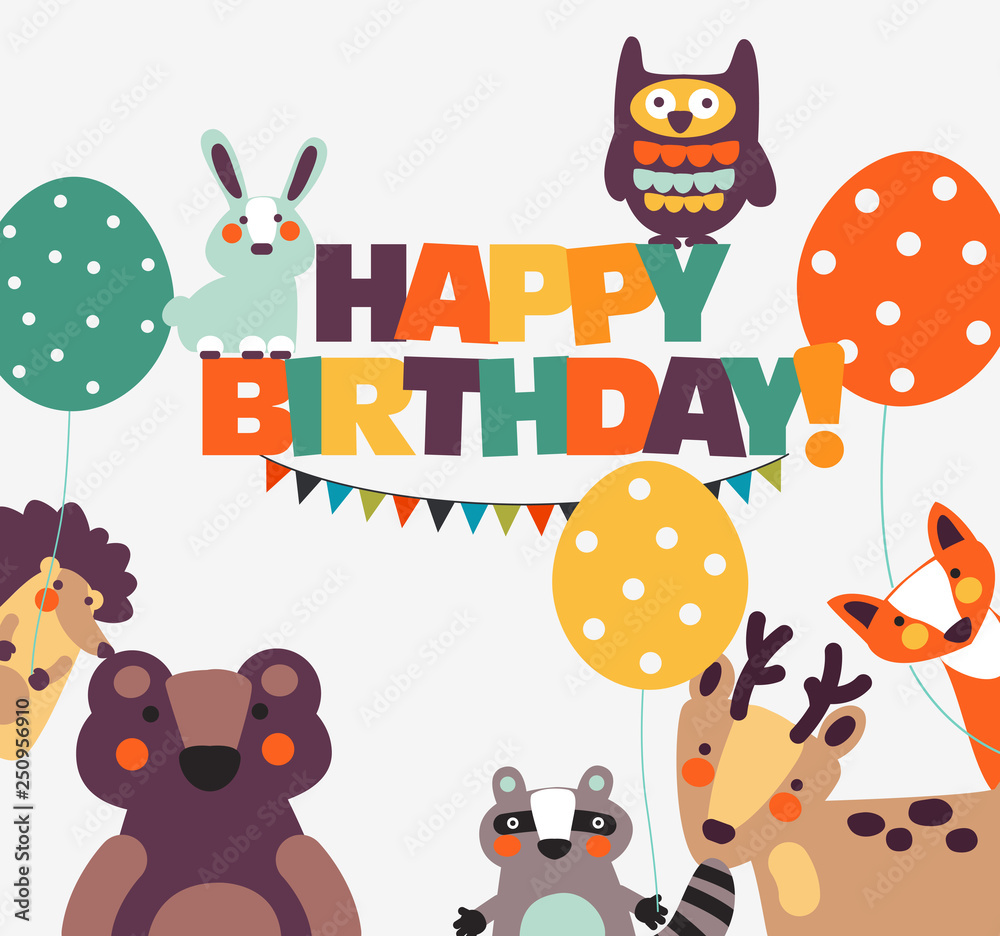 Happy birthday - lovely vector card with funny cute animals and garlands.  Perfect for cards, invitations, party, banners, kindergarten, preschool and  children room decoration Stock Vector | Adobe Stock