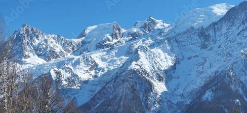 Amazing landscape at the summits of the Mont Blanc range on the French side. Blue sky. Winter season © Matteo Ceruti
