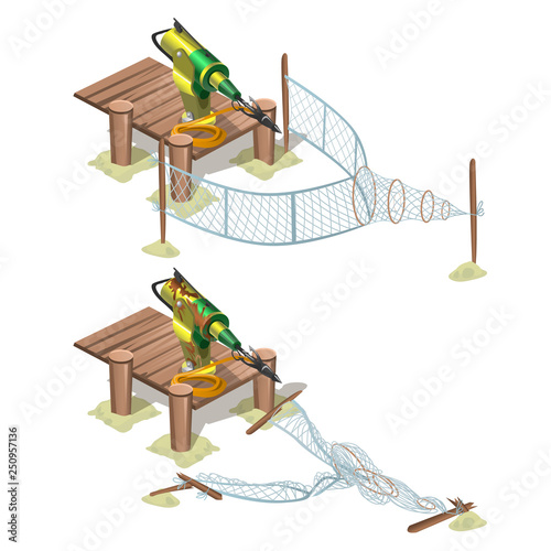 Automatic trap with a harpoon isolated on white background. Vector cartoon close-up illustration.
