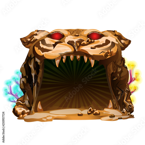 Mysterious underwater cave in the form of a tiger head isolated on white background. Vector cartoon close-up illustration.