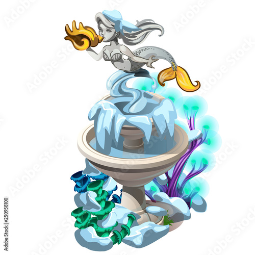 Frozen fancy fountain with a stone mermaid with golden seashell isolated on white background. Vector cartoon close-up illustration.