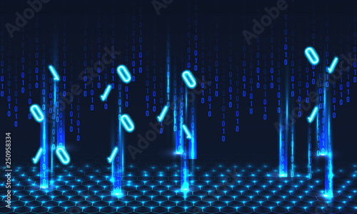 Vector matrix background with numeral lines between shiny digital rays.