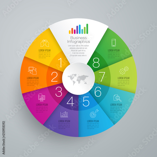 Infographics design vector and business icons with 8 options.