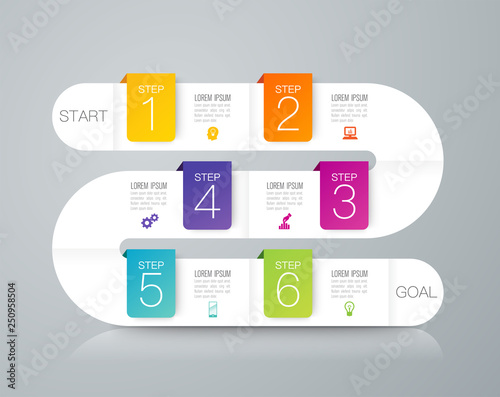 Timeline infographics design vector and business icons with 6 options.