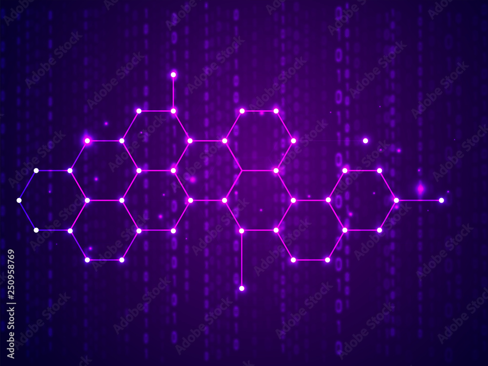 Hi tech digital technology concept, shiny hexagons on matrix coding background.