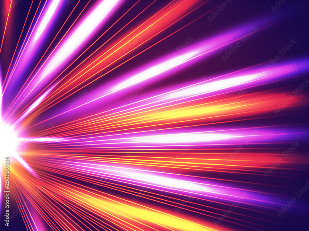 Colorful emerging light beams, futuristic motion background.