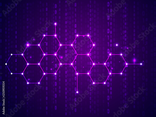 Hi tech digital technology concept, shiny hexagons on matrix coding background.