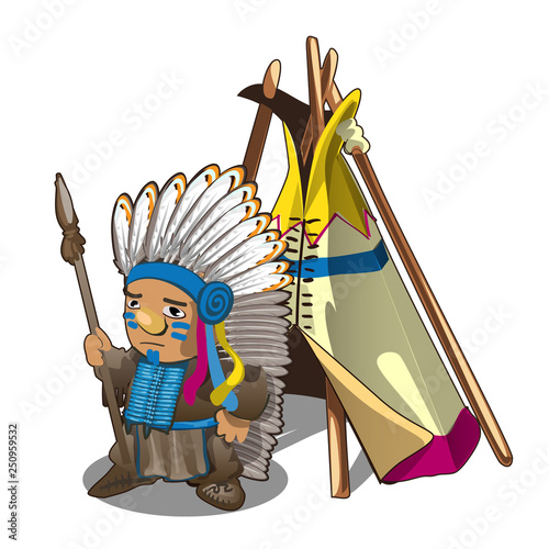Indian tent or wigwam teepee and Indian man with spear isolated on white background. Vector cartoon close-up illustration.