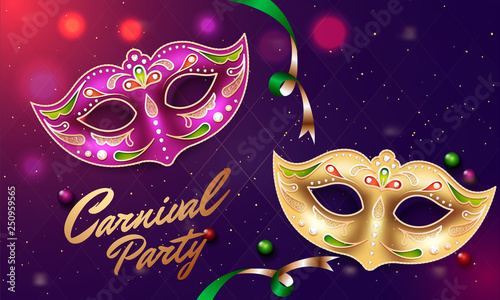 Golden and purple masks illustration on bokeh background for Carnival party celebration poster or banner design.