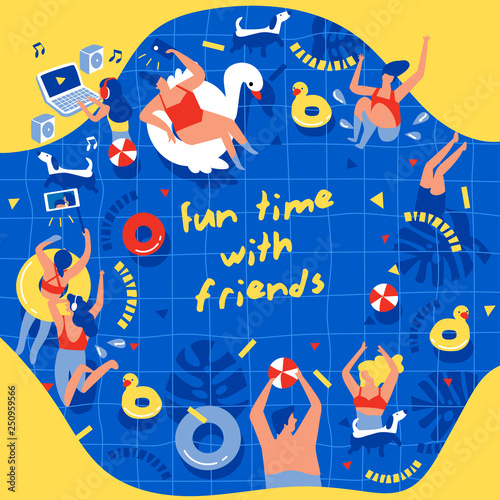 Friends enjoying pool party on swimming pool  background : Vector Illustration