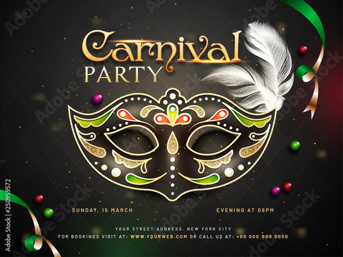 Carnival party poster or template design with decorative mask and time, venue details for advertisement concept.