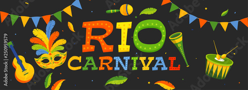 Rio Carnival header or banner design with party mask and musical instrument illustration in flat style. photo