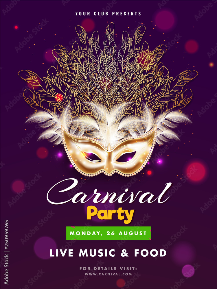 Realistic mask illustration on purple bokeh background for Carnival Party invitation card design.