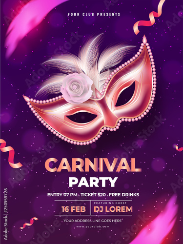 Carnival party template or flyer design with beautiful party mask on purple background.