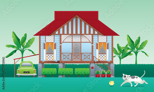 A beautiful traditional wooden Malay style village house. With an antique car. Caption: happy Hari Raya. Vector.