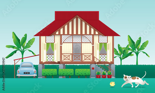 A beautiful traditional wooden Malay style village house. With an antique car. Caption: happy Hari Raya. Vector.
